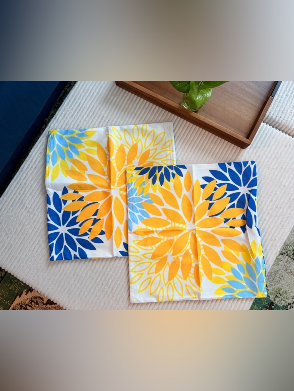 NWOT Outdoor Pillow Cases 18” Yellow, Blue & White